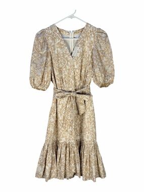 Calvin Klein Beige Floral Puff-Sleeve Midi Dress with Tie Waist